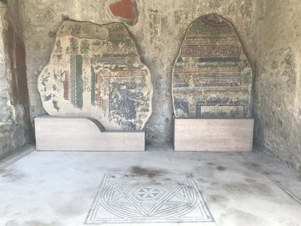 VII.7.5 Pompeii, April 2019. Room (n), looking across mosaic flooring towards east wall. 
On the left, north wall, is a window from south portico of linked house at VII.7.2. 
The mosaics leaning against the west wall do not come from this house, but are from the nearby Suburban Baths near the Porta Marina. Photo courtesy of Rick Bauer.
