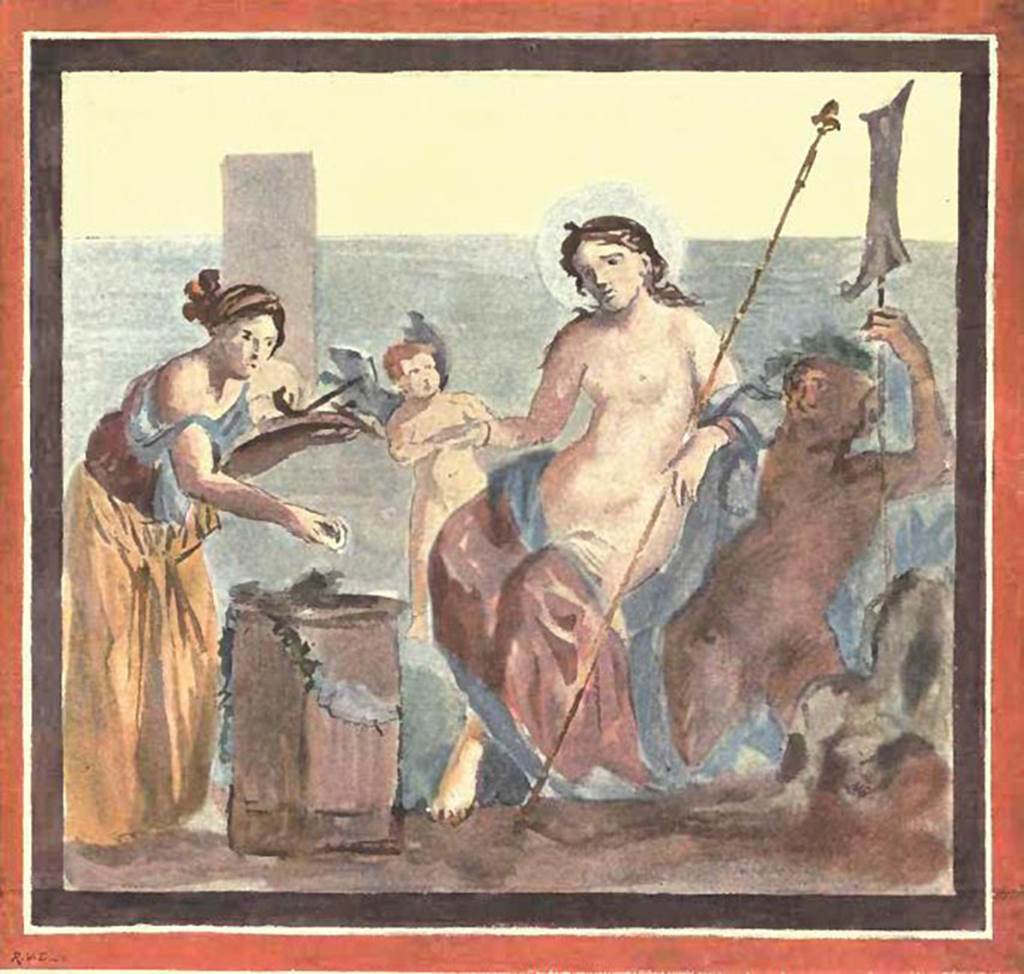 VII.7.5 Pompeii. Room (n), painting by P, Gusman, entitled Venus as protectress of Pompei.
See Gusman, P. (1900). Pompei, the city, its life and art. London, William Heinemann. (pl.1). 
Original painting now in Naples Archaeological Museum.
