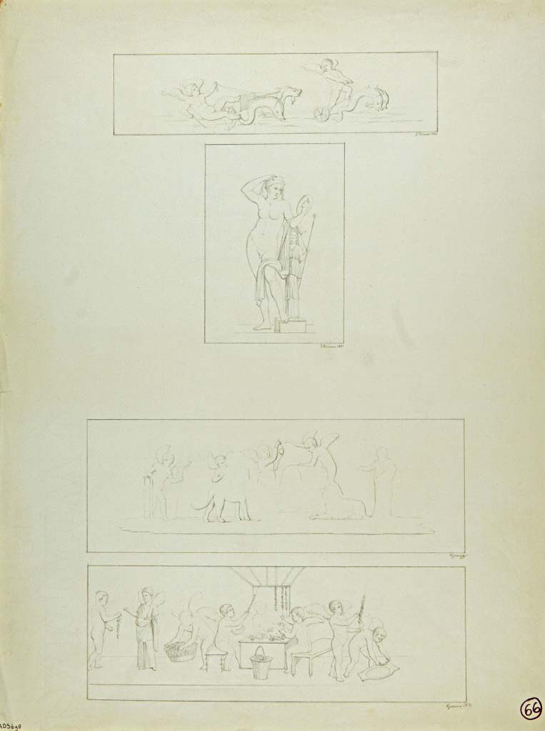 VII.7.5 Pompeii. Oecus (m). 1871 drawing by G. Discanno of 4 paintings.
The top painting is of cupids on chariots drawn by dolphins.
Below it is Hermaphrodite, looking into a mirror while resting on a statue of Pan, also drawn by N. La Volpe.
The third is unclear but is of cupids, intently working, animals and a statue.
The bottom is of cupids making garlands assisted by a Psyche.
See Carratelli, G. P., 2003. Pompei: La documentazione nell'Opera di disegnatori e pittori dei secoli XVIII e XIX. Roma: Istituto della enciclopedia italiana, p. 848.
Now in Naples Archaeological Museum. Inventory number ADS 698.
Photo © ICCD. http://www.catalogo.beniculturali.it
Utilizzabili alle condizioni della licenza Attribuzione - Non commerciale - Condividi allo stesso modo 2.5 Italia (CC BY-NC-SA 2.5 IT)

