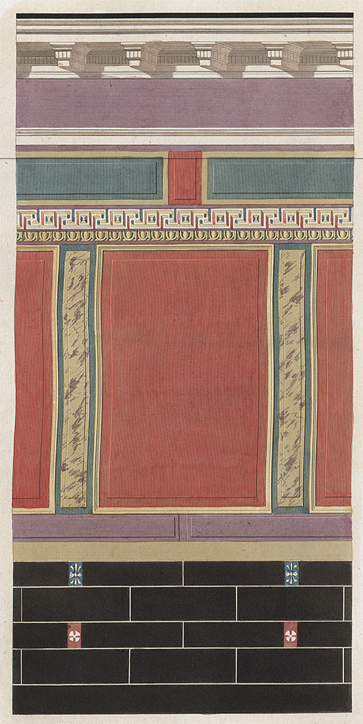 VII.8.1 Pompeii. Painted decoration of inner walls of cella by Mazois.
According to the description by Mazois –
Plate 36 showed the painted decoration of the inner walls of the cella with its harmony of colours – the black dominated in the zoccolo, with red in the panels; the frieze, in amaranth color, is surmounted by a cornice with modillions (decorative supports) painted in perspective: it is perhaps the only example of this kind.
See Mazois, F., 1829. Les Ruines de Pompei : Troisième Partie. Paris : Didot Frères, pl. XXXVI, and p.50
