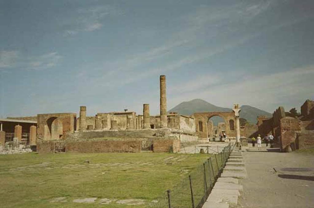 VII.8.1 Pompeii. May 2010.  Looking north west across the forum towards the temple. Photo courtesy of Rick Bauer.