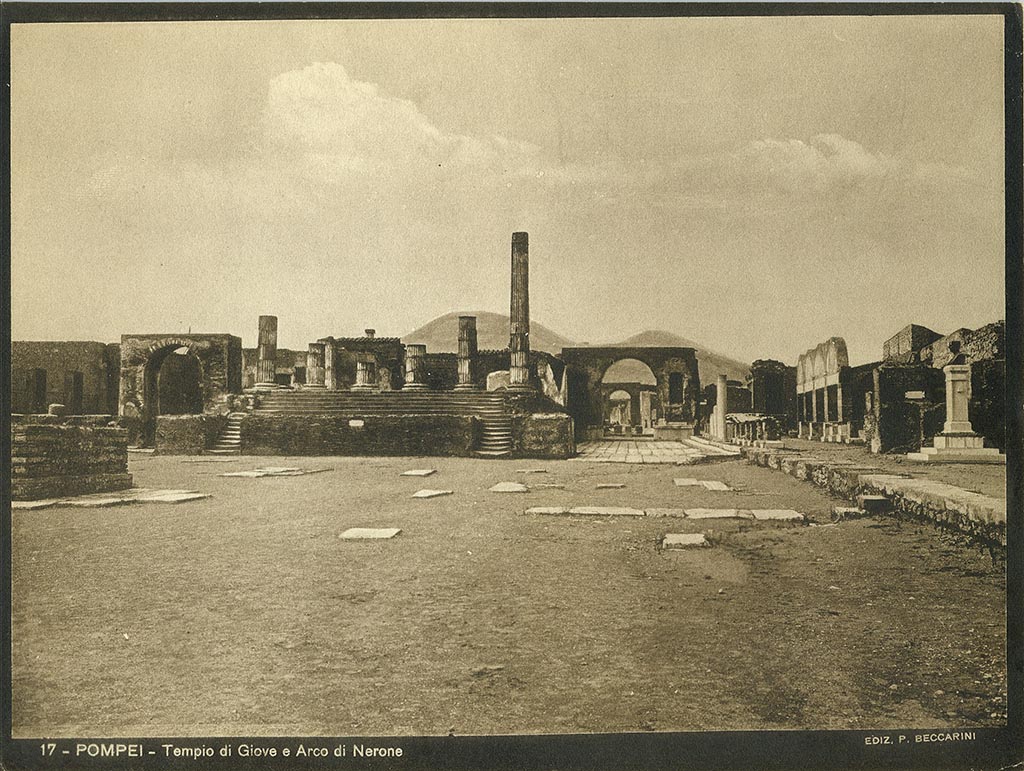VII.8.1 Pompeii. Late 19th century or early 20th century photograph by Beccarini numbered 17. 
Looking north along east side of the Forum. The bust of Fiorelli can be seen on the right. Photo courtesy of Rick Bauer.
