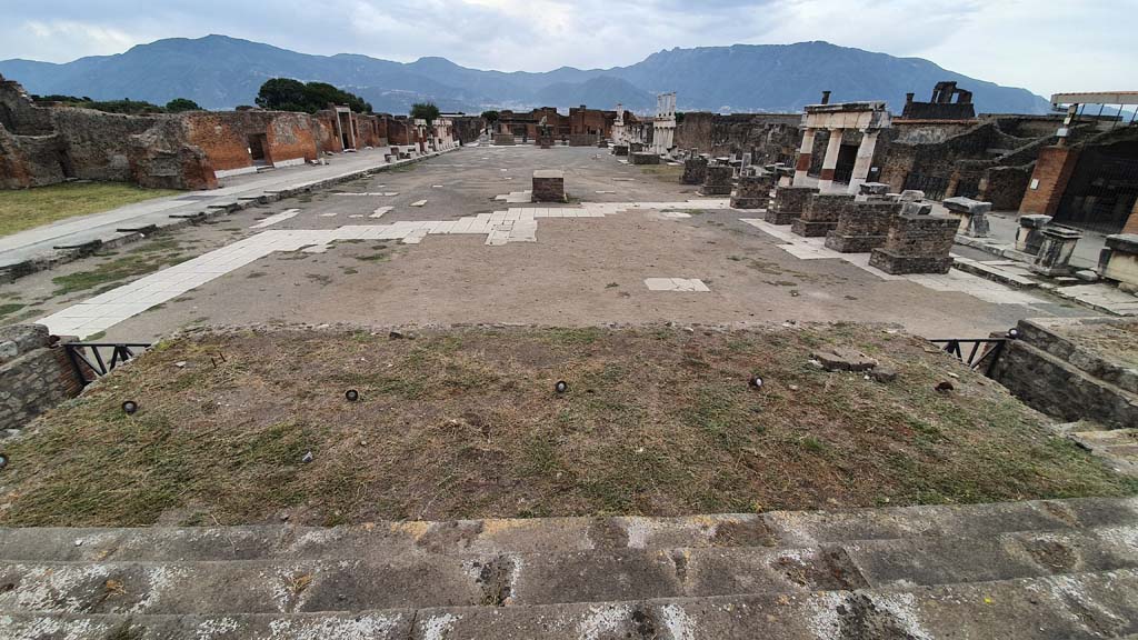 VII.8.1 Pompeii. June 2019. Looking north to well-worn steps on west side, leading up the podium. 
Photo courtesy of Buzz Ferebee. 
