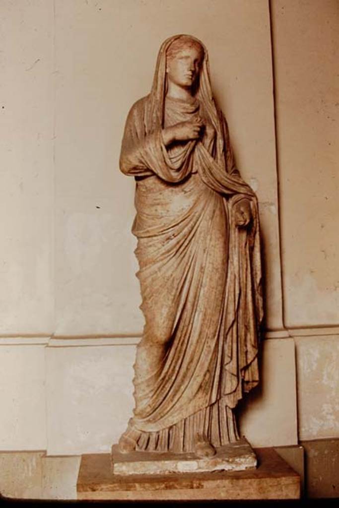 VII.9.1 Pompeii. 1968. Statue of Eumachia in Naples Museum. 
Photo by Stanley A. Jashemski.
Source: The Wilhelmina and Stanley A. Jashemski archive in the University of Maryland Library, Special Collections (See collection page) and made available under the Creative Commons Attribution-Non Commercial License v.4. See Licence and use details.
J68f0842
