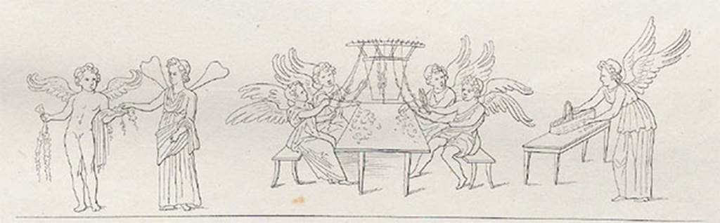 VII.9.19 Pompeii. Entrance prothyron. 1827 drawing of painting of cupids and psyches making garlands.
Two cupids and two psyches are seated at a table making garlands.
To the left stand a cupid holding garlands and a psyche.
On the right a psyche bends over a bench on which is a basket full of blooms.
See Gerhard E., 1828. Antike Bildwerke. Stuttgart: Cotta, Taf. LXII, 2.
See Helbig, W., 1868. Wandgemälde der vom Vesuv verschütteten Städte Campaniens. Leipzig: Breitkopf und Härtel, 800.
See Real Museo Borbonico IV, 1827, Tav. XLVII.
