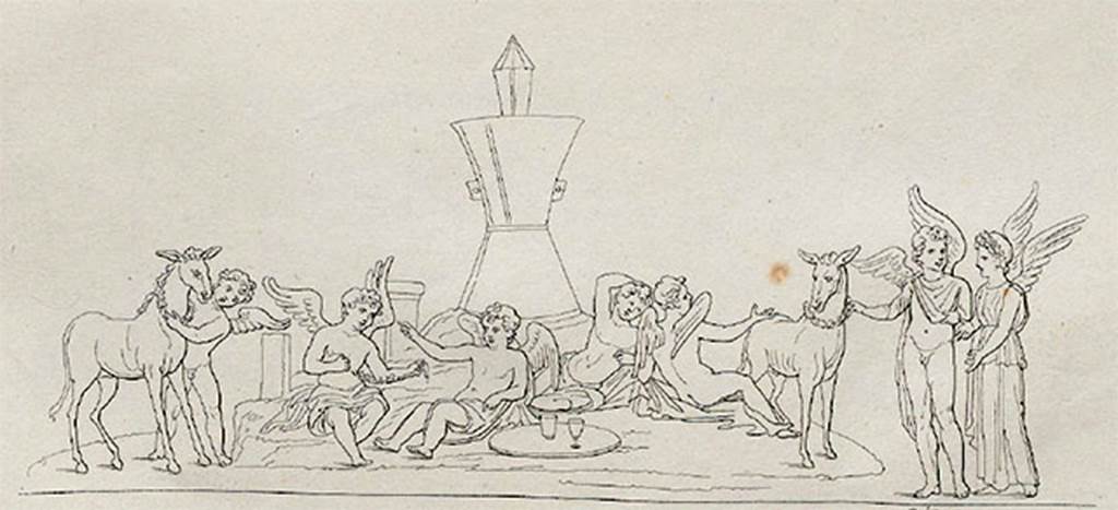 VII.9.19 Pompeii. Entrance prothyron. 1827 drawing of painting of cupids and psyches.
In the background is a millstone.
Two pairs of cupids are seated in front of this.
In the centre is a round tray with two beakers on it.
To the left a cupid appears to be putting a garland round the neck of a mule.
Another mule is on the right of the picture to the right of which a cupid and a psyche are standing.
See Gerhard E., 1828. Antike Bildwerke. Stuttgart: Cotta, Taf. LXII, 2.
See Helbig, W., 1868. Wandgemälde der vom Vesuv verschütteten Städte Campaniens. Leipzig: Breitkopf und Härtel, 777.
See Real Museo Borbonico VI, 1830, Tav. LI.
