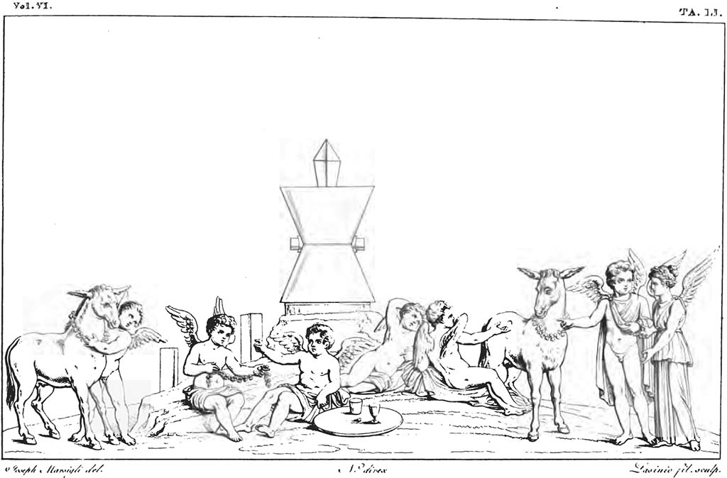 VII.9.19 Pompeii. Entrance corridor. Pre-1830 drawing of painting of cupids and psyches.
See Real Museo Borbonico VI, 1830, Tav. LI.

