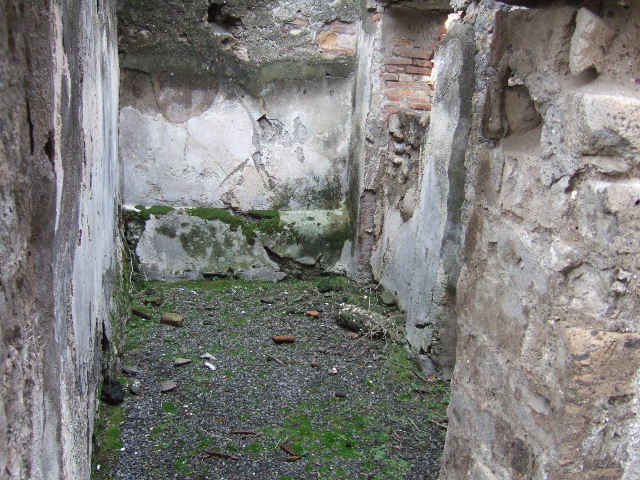 VII.10.3 Pompeii. December 2005. Doorway to room 5, a cubiculum on north side of atrium.
This room had a floor of red cocciopesto. The door threshold formed of two rectangular travertine slabs, was also marked in the centre with a circular recess for the fixing of the double-door hinges.  When redecorated this room was repainted with red plaster walls, of which some traces remain. Its original flooring was kept. 
Studi della Soprintendenza archeologica di Pompei, 22: l”Insula VII, 10 di Pompei, by Angelo Amoroso, (p.54 and p.74) 
