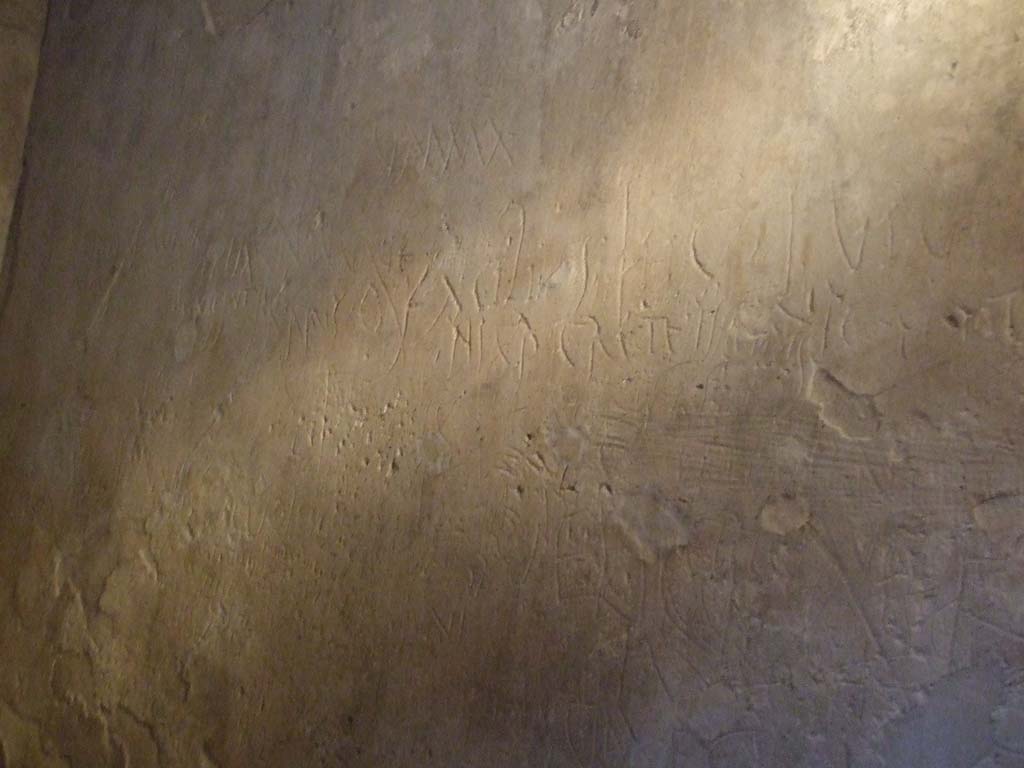 VII.12.18 Pompeii. 2015/2016. 
Plastered wall of prostitute’s room covered with graffiti left by the clients and the girls that worked there. Photo courtesy of Giuseppe Ciaramella.
