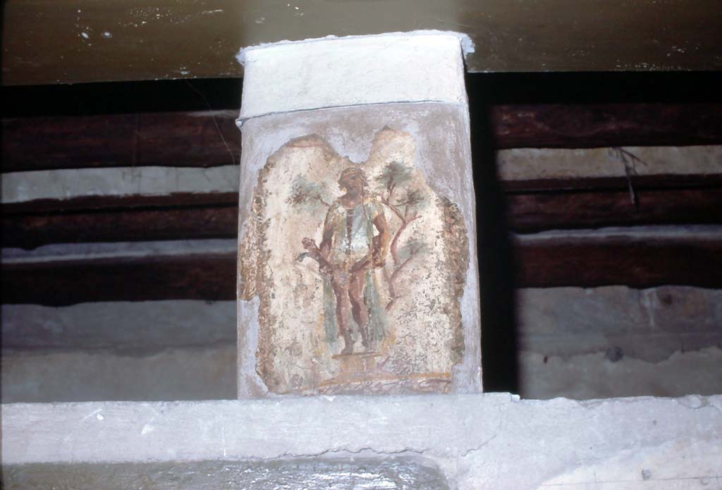 VI.12.18 Pompeii. April 2022. 
Wall painting of Priapus from the upper frieze in the middle of the north wall. Photo courtesy of Giuseppe Ciaramella.

