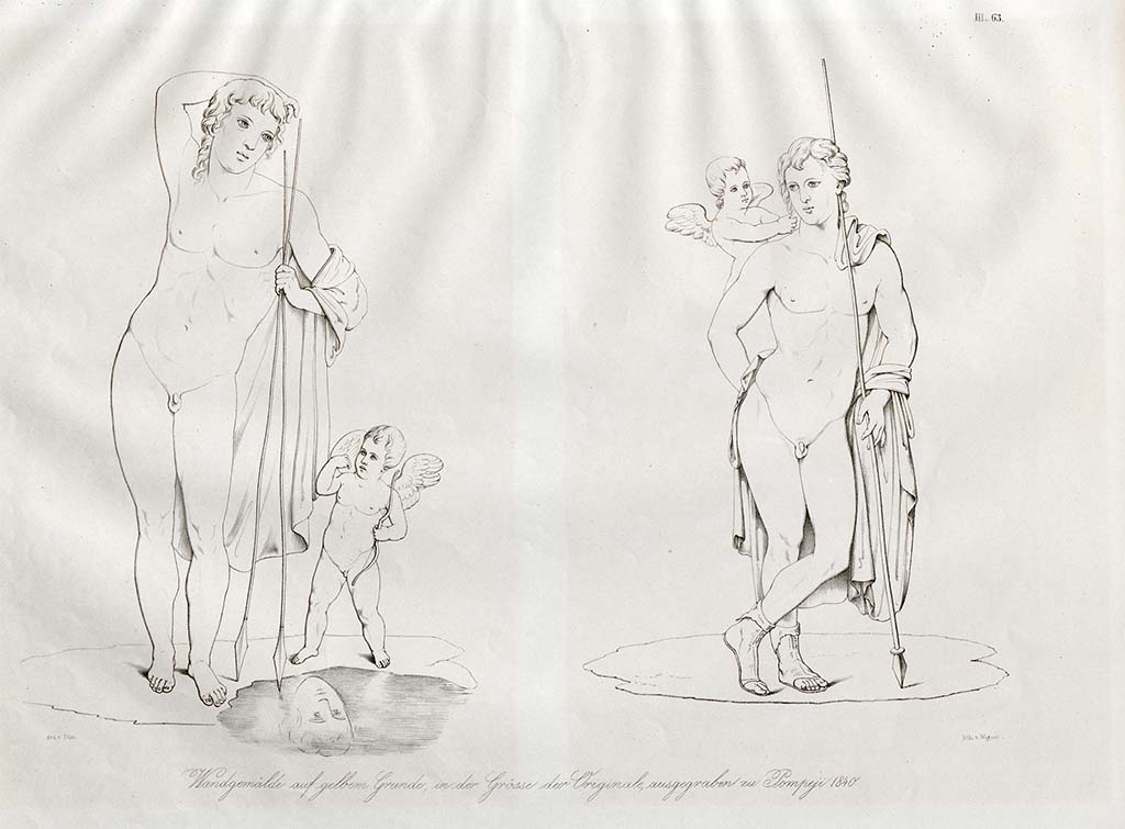 VII.13.4 Pompeii. Pre-1852. Drawings by Zahn of two figures, both on a yellow background, from the cubiculum.
On the left, Narcissus with two lances or javelins, looking at his reflection. Narcissus with a violet mantle, the cupid with blue wings.
On the right, a young man with a cupid on his shoulder, also with a lance. Perhaps this could be Adonis. He had a green mantle with blue embroidery, the wings of the cupid were violet.
See Zahn, W., 1852-59. Die schönsten Ornamente und merkwürdigsten Gemälde aus Pompeji, Herkulanum und Stabiae: III. Berlin: Reimer, taf. 63.
