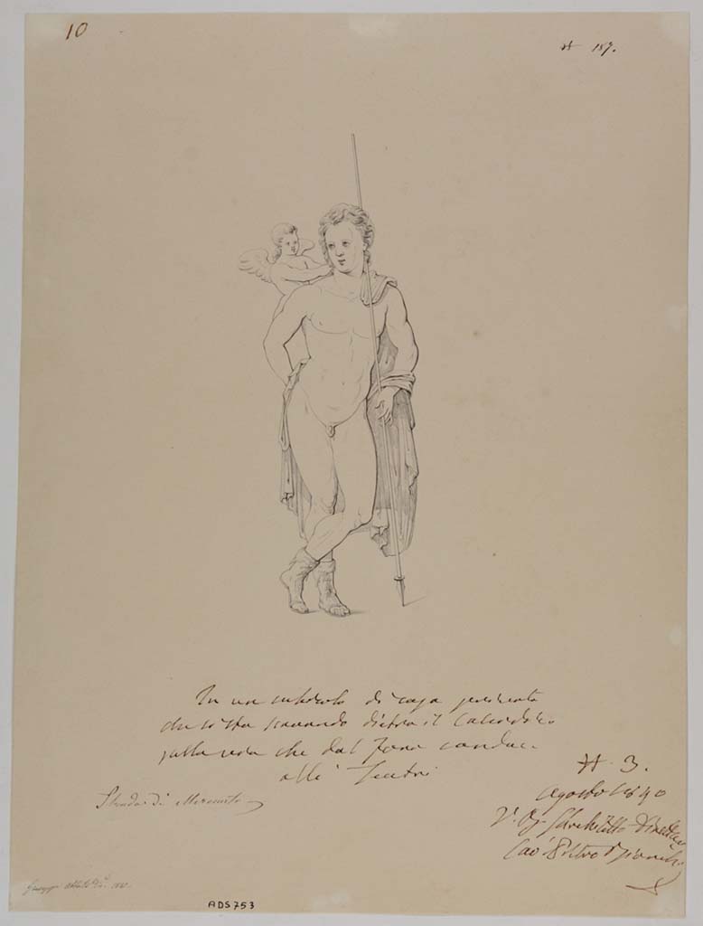 VII.13.4 Pompeii. Drawing by Giuseppe Abbate, 1840, of a painting of a young standing hunter (according to Helbig - Adonis?) with a cupid. 
See Helbig, W., 1868. Wandgemälde der vom Vesuv verschütteten Städte Campaniens. Leipzig: Breitkopf und Härtel, (1395).
Now in Naples Archaeological Museum. Inventory number ADS 753.
Photo © ICCD. http://www.catalogo.beniculturali.it
Utilizzabili alle condizioni della licenza Attribuzione - Non commerciale - Condividi allo stesso modo 2.5 Italia (CC BY-NC-SA 2.5 IT)
