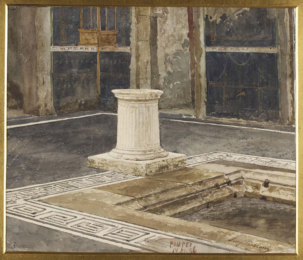 VII.15.2 Pompeii. XV Set. 1886. Watercolour by Luigi Bazzani. Looking across impluvium in atrium towards south-west corner.
Photo © Victoria and Albert Museum. Inv. no. 1073-1886.
