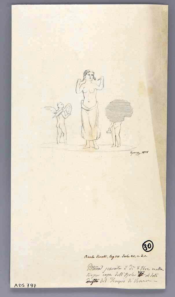 VII.15.3 Pompeii. 
1871 drawing by G. Discanno of Venus at her toilette, assisted by two cupids.
Central painting from west wall of oecus. 
Now in Naples Archaeological Museum. Inventory number ADS 797.
Photo © ICCD. https://www.catalogo.beniculturali.it
Utilizzabili alle condizioni della licenza Attribuzione - Non commerciale - Condividi allo stesso modo 2.5 Italia (CC BY-NC-SA 2.5 IT)
See Carratelli, G. P., 1990-2003. Pompei: Pitture e Mosaici: Vol. VII.  Roma: Istituto della enciclopedia italiana, p. 774.

According to Sogliano –
Found in the oecus to the left side of the entrance corridor, were –
Mask of Silenus, p.41, no.174,
Toilet of Aphrodite, p.32, no. 131,
Flying cupid with red cloak, p.54, no.262,
Flying cupid with green cloak, p.54, no.263,
Flying cupid with red cloak and a lance, p.55, no.266,
Flying cupid with yellow ring on foot, p.55, no.267,
Flying cupid, seen from shoulders, with plate in his right hand, p.57, no.303,
Flying cupid with stck/baton in his left hand, p.60, no.337,
Nike, p.72, no.432,
Meleager, p.89, no.510.
See Sogliano, A., 1879. Le pitture murali campane scoverte negli anni 1867-79. Napoli: Giannini. (pages as given above).

