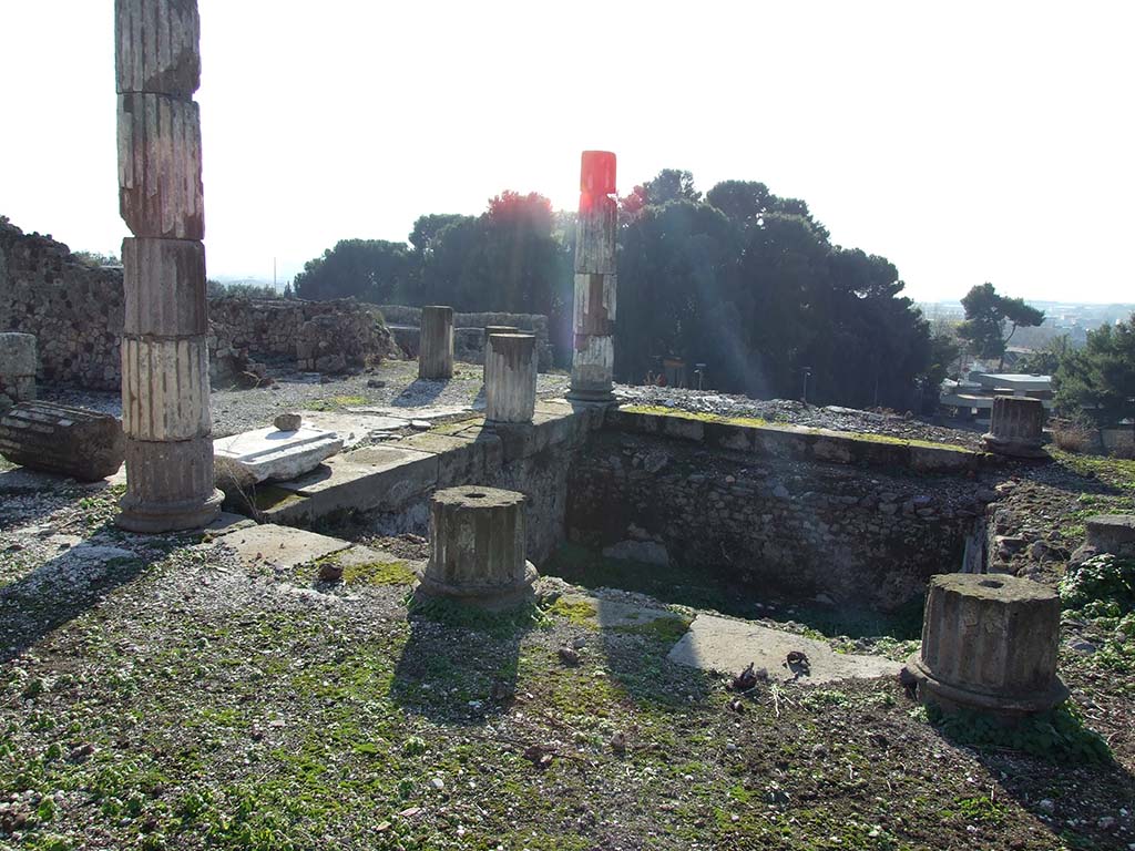 VII.16.13 Pompeii.  December 2007. Area 18, pool in peristyle looking south-west.
According to Jashemski, the peristyle garden at the rear of the tablinum was enclosed by a portico on four sides, supported by 14 columns. 
There was a large pool at the south end of the garden.
See Jashemski, W. F., 1993. The Gardens of Pompeii, Volume II: Appendices. New York: Caratzas. (p.201)
