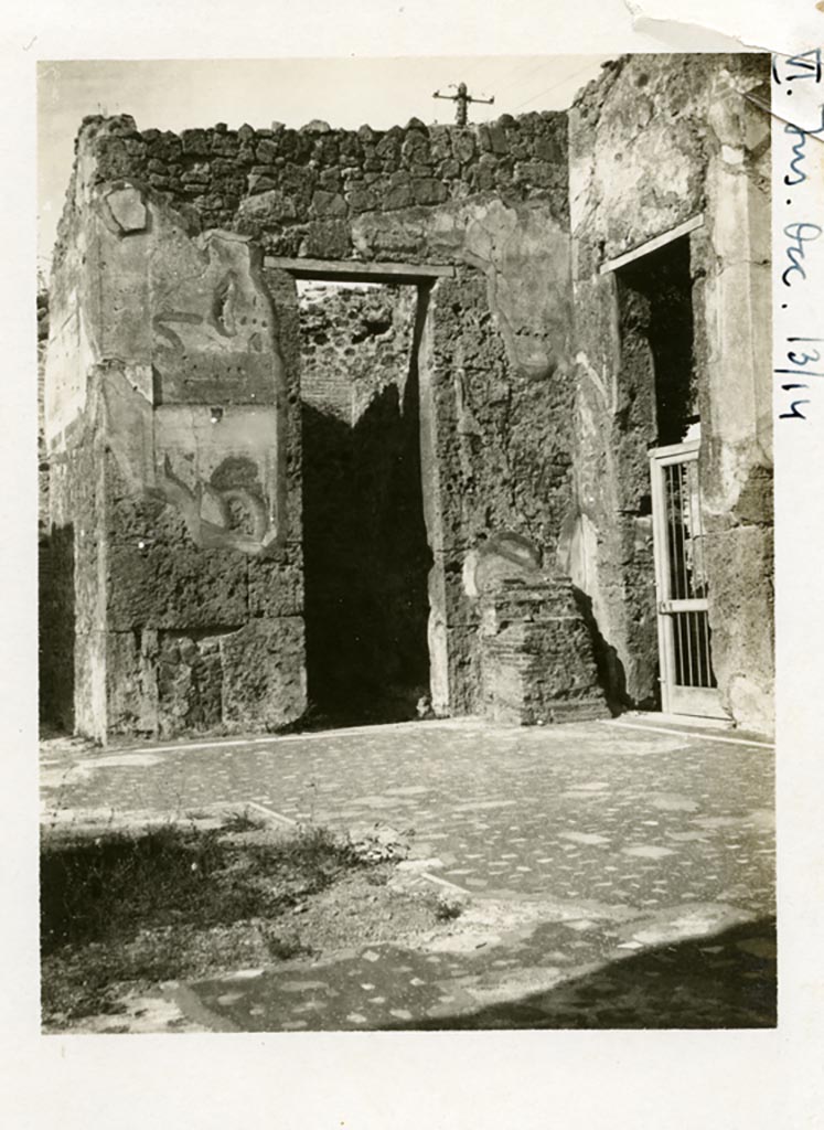 VII.16.13/14 Pompeii. Pre-1937-39. North-east corner of atrium, with doorway to room 5, in centre.
Between the two doorways are the remains of the brick base of a shrine to the household gods. 
The doorway on the right leads to VII.6.14.
Photo courtesy of American Academy in Rome, Photographic Archive. Warsher collection no. 1743.

