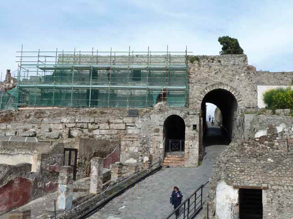 VII.16.13 Pompeii. May 2010. Porta Marina and restoration of rear of VII.16.13.