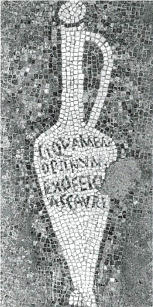 VII.16.15 Pompeii. Room 2, atrium from corner of Impluvium.  Undated photograph of mosaic showing Garum amphora with inscription. According to Clarke the fourth mosaic had the inscription
LIQUAMEN / OPTIMUM / EX OFFICIN / A SCAURI
See Clarke, J. R. in Dobbins, J. J. and Foss, P. W., 2008. The World of Pompeii. Oxford: Routledge. (p. 330). The pattern on the mosaic with SAP inventory number 15191 matches that in the bottom half of this photograph.
