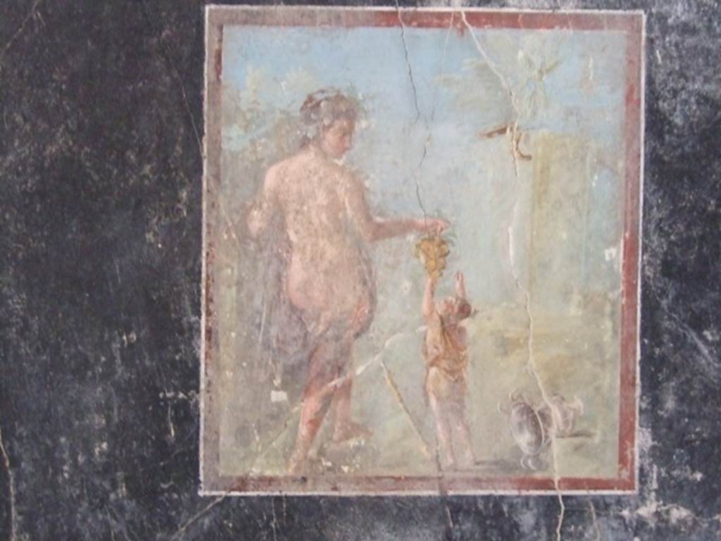 VII.16.17-22 Pompeii. December 2007. Wall painting from centre of north wall, with a young seminude Maenad handing a bunch of grapes to a young Dionysius.