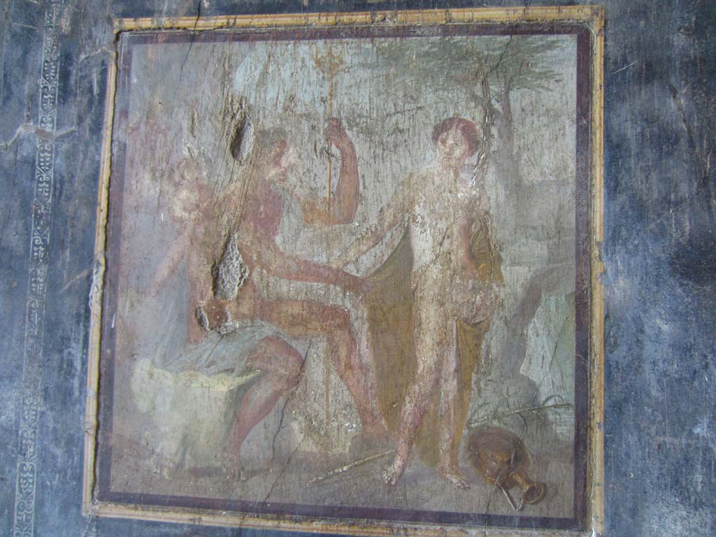 VII.16.17-22 Pompeii. May 2012. 
Oecus 62, wall painting from centre of north wall showing Poseidon and Amymone. Photo courtesy of Marina Fuxa.
