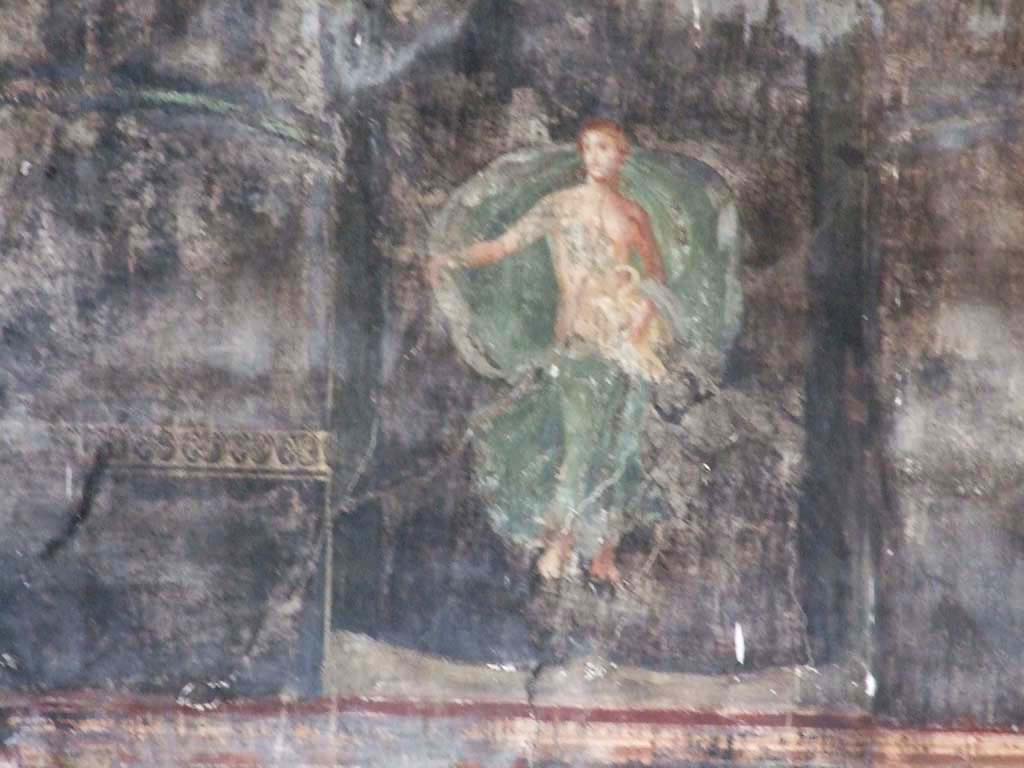 VII.16.17-22 Pompeii. December 2007. 
Oecus 62, painted wall figure of Leda with the swan (Zeus) on her lap, from upper centre of east wall of oecus.
See Balch, D. L., 2008. Roman Domestic Art and Early House Churches. Tübingen, Germany: Mohr Siebeck. (p.160-2, Pl. 8).
