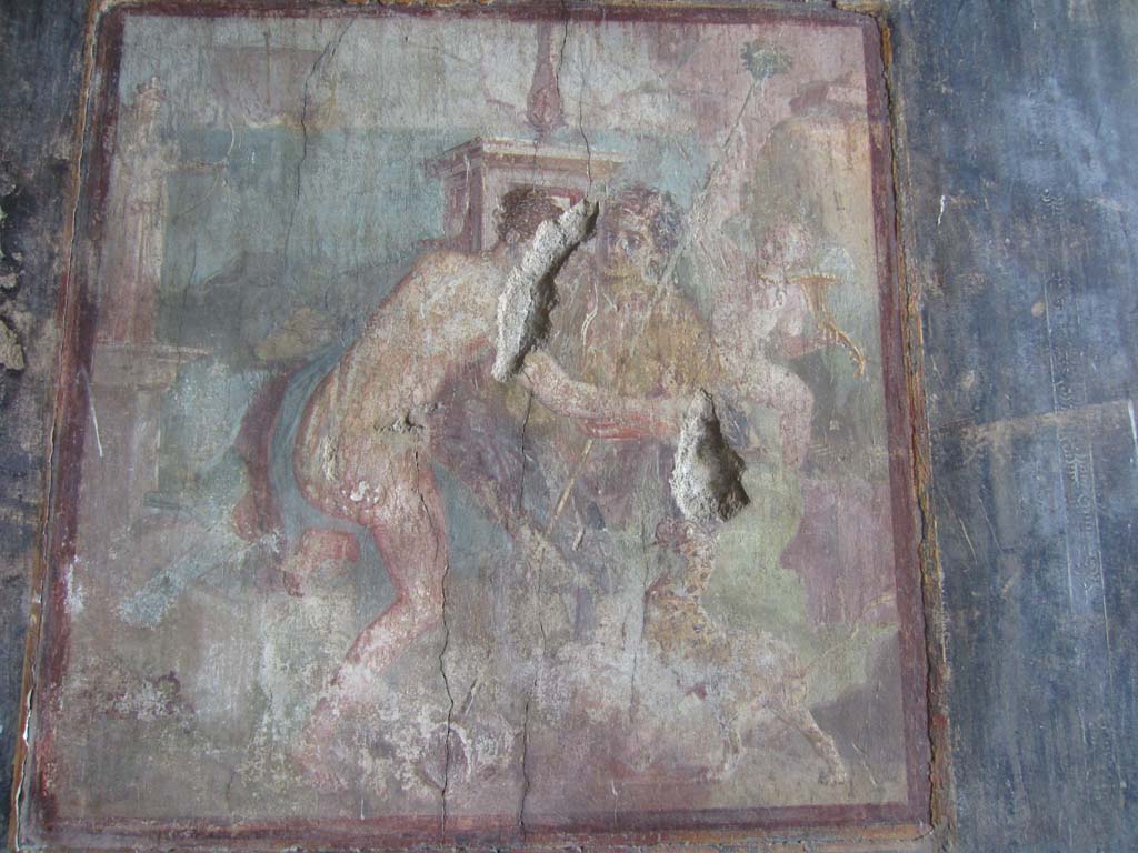 VII.16.17-22 Pompeii. May 2012. 
Oecus 62, wall painting of Dionysus and Ariadne from centre of south wall of oecus. Photo courtesy of Marina Fuxa.
