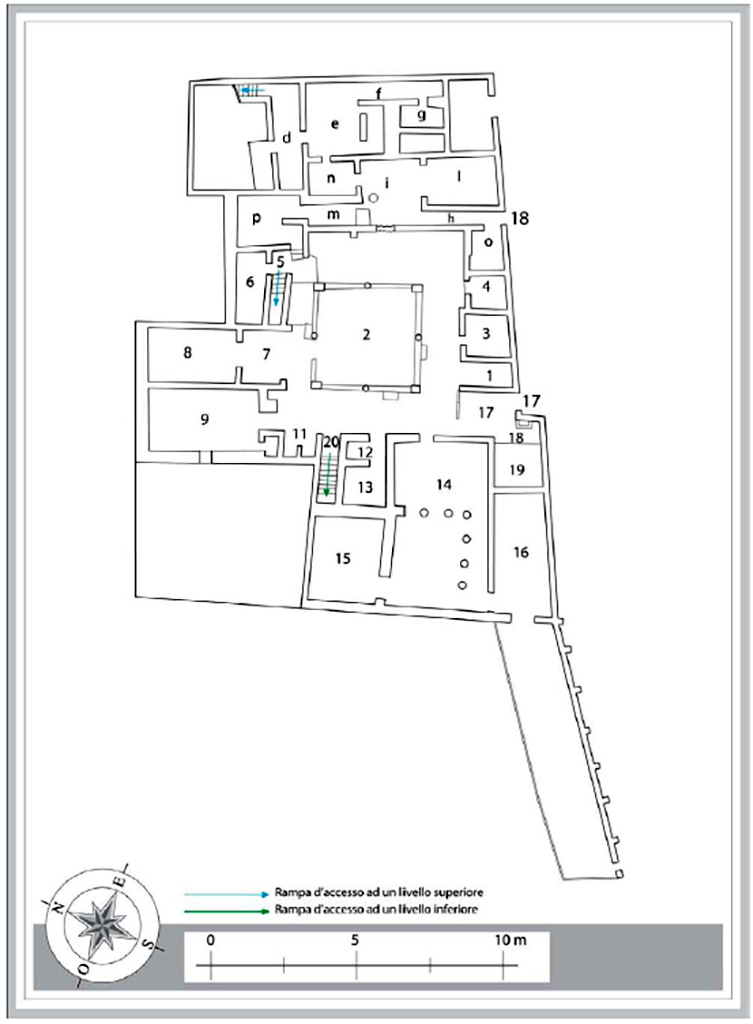 VII.16.17 Pompeii. Casa di Maius Castricius. Plan of first lower level floor.
Plan M. Notomista and E. Piccirilli.
See Varriale I., VII 16, Insula Occidentalis, 17, Casa di Maius Castricius in Aoyagi M., Pappalardo U., 2006. Pompei (Regiones VI-VII) Insula Occidentalis. Napoli: Valtrend, p 426, Tav. 12.

