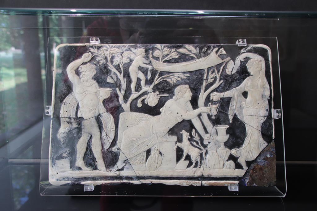VII.16.17-22 Pompeii. Pompeii. October 2022. 
Glass cameo panel decorating furniture, on display in exhibition in Palaestra. Photo courtesy of Klaus Heese. 
