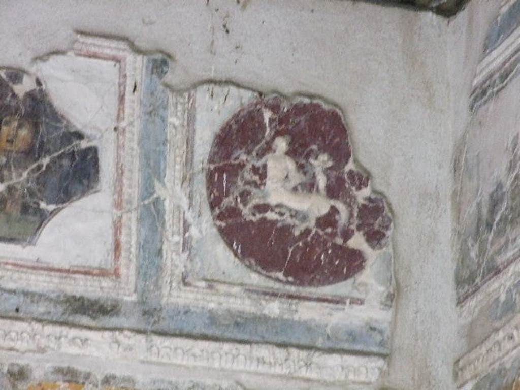 VII.16.a Pompeii. May 2015. Room 1, plasterwork and painting of masks on north wall. Photo courtesy of Buzz Ferebee.
