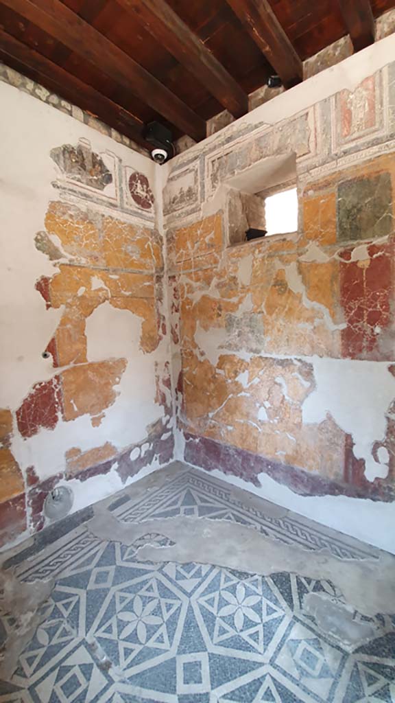 VII.16.a Pompeii. December 2006. Room 1, plasterwork and painting in north-east corner. 