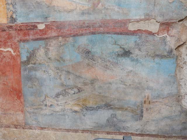 VII.16.a Pompeii. October 2020. Room 9, lower south wall, naval scene. Photo courtesy of Klaus Heese.