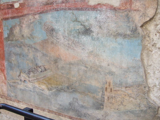 VII.16.a Pompeii. May 2015. Room 9, lower south wall, naval scene. Photo courtesy of Buzz Ferebee.
