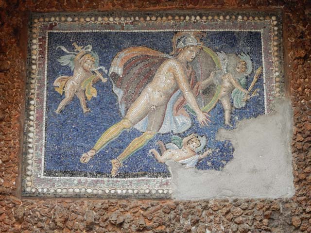 VII.16.a Pompeii. May 2015. Room 9, nymphaeum. Detail of mosaic centrepiece with Mars and three cherubs. Photo courtesy of Buzz Ferebee.
