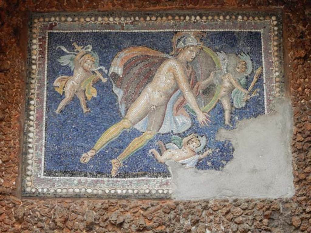 VII.16.a Pompeii. September 2021.  
Room 9, nymphaeum, detail of mosaic cherub. Photo courtesy of Klaus Heese.
