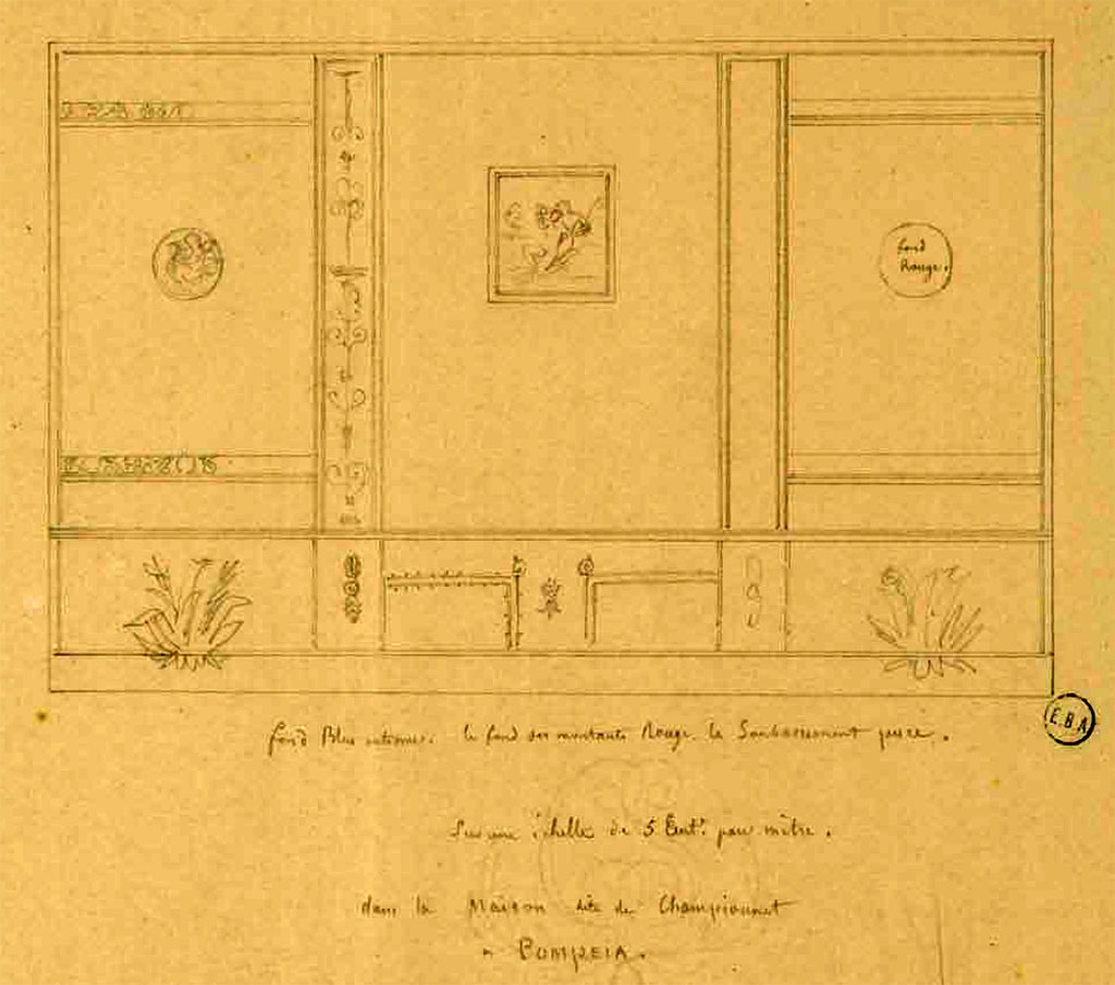 VIII.2.1 Pompeii. Drawing of west wall of triclinium/cubiculum. 
See Lesueur, Jean-Baptiste Ciceron. Voyage en Italie de Jean-Baptiste Ciceron Lesueur (1794-1883), pl. 78.
See Book on INHA reference INHA NUM PC 15469 (04)  « Licence Ouverte / Open Licence » Etalab
