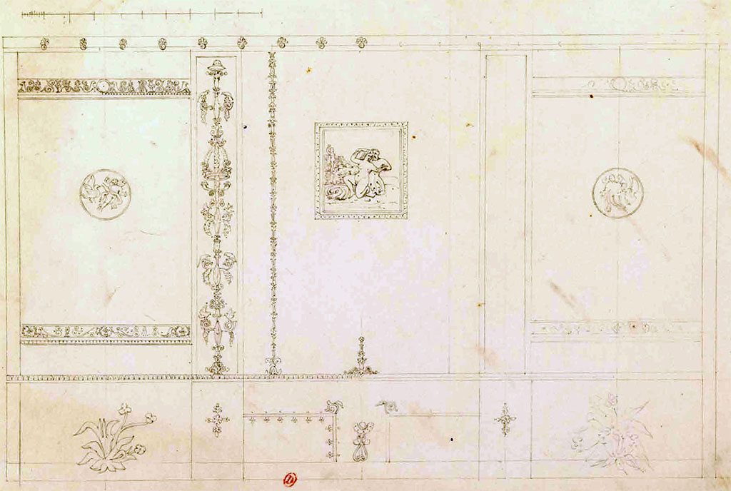 VIII.2.1 Pompeii. July 1826.  Drawing of west wall of triclinium/cubiculum, by P.A. Poirot.
See Poirot, P. A., 1826. Carnets de dessins de Pierre-Achille Poirot. Tome 2 : Pompeia, pl. 39.
See Book on INHA  Document placé sous « Licence Ouverte / Open Licence » Etalab 
