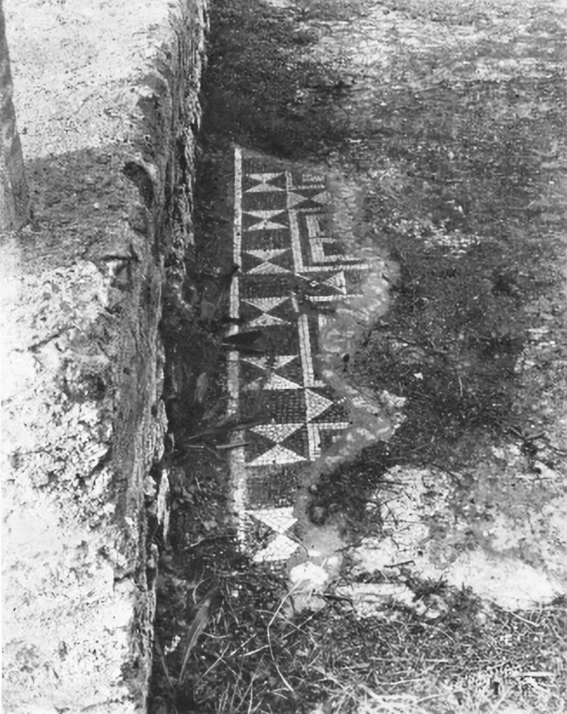 VIII.2.1 Pompeii. c.1930. Mosaic flooring of peristyle.
According to Blake –
In the tablinum, the border was a band of squares set diagonally; 
in the peristyle, of squares of plain black alternating with squares composed of four triangles.
See Blake, M., (1930). The pavements of the Roman Buildings of the Republic and Early Empire. Rome, MAAR, 8, (p. 98,110, & Pl.24, tav.1).

