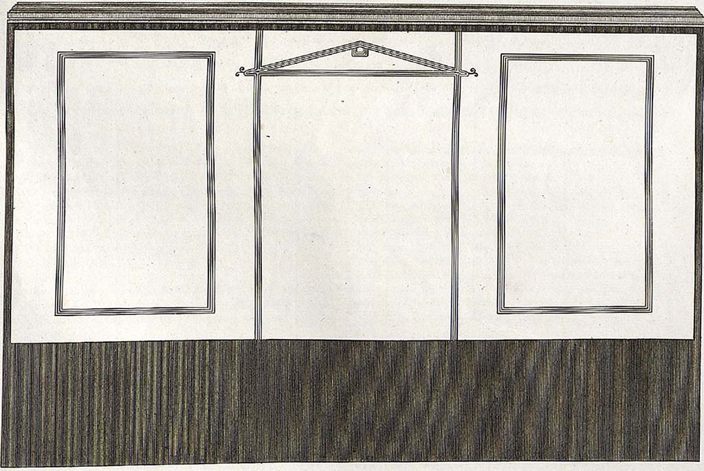 VIII.2.1 Pompeii. 1824 drawing by Mazois of wall (ambiente 24 in PPP, room next to stairs in Schefold WP).
See Mazois, F., 1824. Les Ruines de Pompei: Second Partie. Paris: Firmin Didot. (Plate XXIII fig 5).
See Schefold, K., 1957. Die Wände Pompejis. Berlin: De Gruyter. (p. 210).
