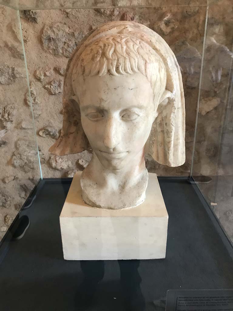 On display in Championnet complex Pompeii. April 2019. Marble veiled head. Photo courtesy of Rick Bauer.