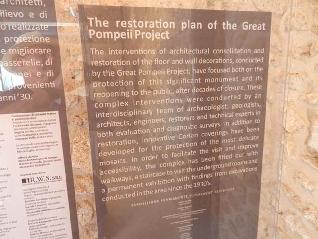 VIII.2.1 Pompeii. May 2018. Information card outlining the restoration. Photo courtesy of Buzz Ferebee.