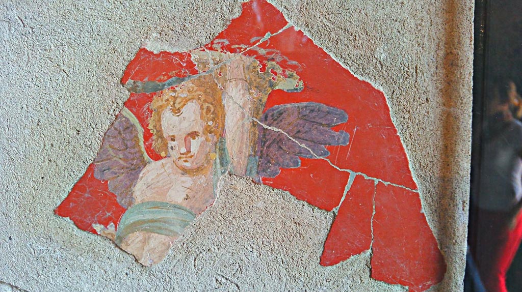 VIII.2.1 Pompeii. 2018. Fragment of fresco with cupid carrying a large object on the left shoulder, perhaps a cornucopia.
Found in the lower floors of the House of Championnet. Pompeii Inventory number 14232. Photo courtesy of Giuseppe Ciaramella.

