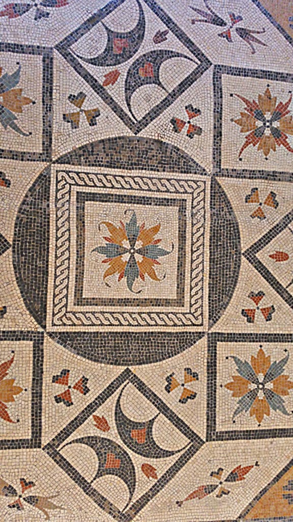 VIII.2.1 Pompeii. July 2019.  
Detail of beautiful coloured central mosaic set into floor in Naples Archaeological Museum, “Magna Grecia” collection. 
Photo courtesy of Giuseppe Ciaramella.
