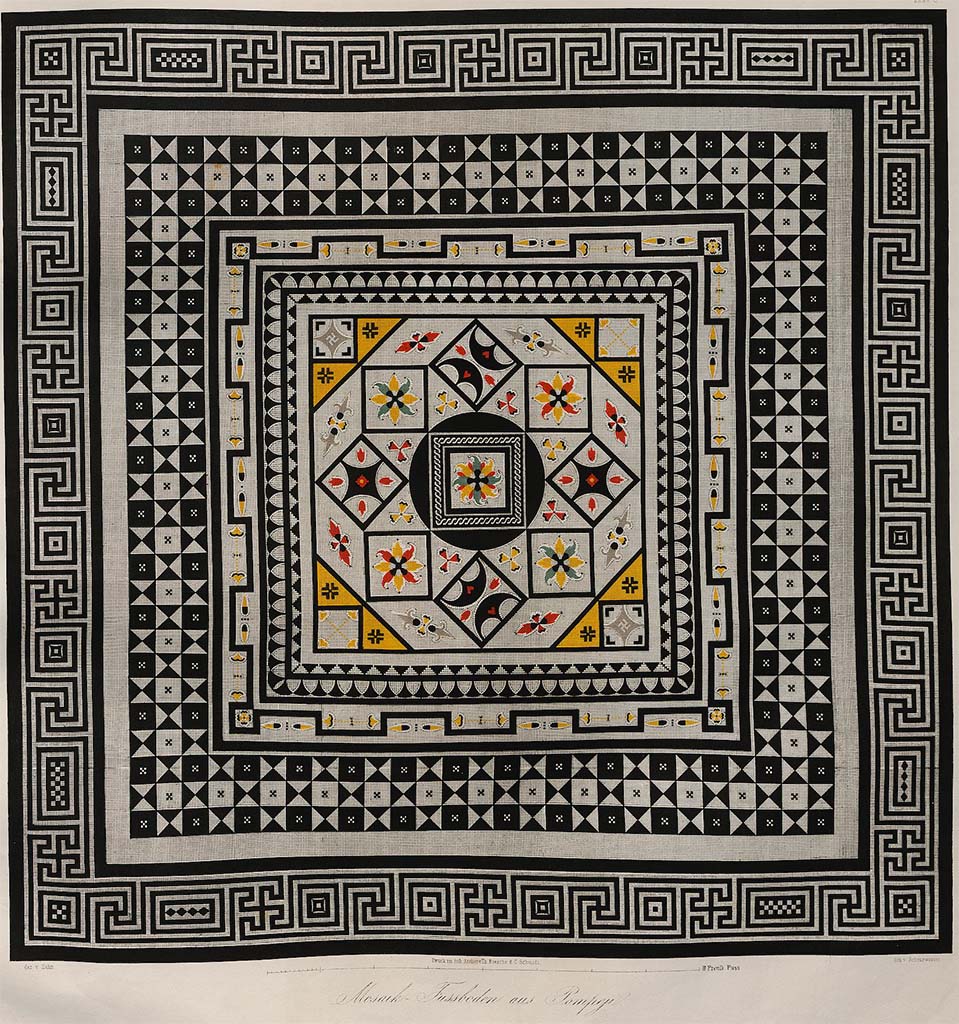 VIII.2.1 Pompeii. Pre-1852. Drawing by Zahn of Pompeii mosaic in original colours, from Naples Museum. 
Zahn describes this as a mosaic from Pompeii in the colours of the original, currently in the Royal Museum in Naples. This paving consists of small pieces of coloured marble (not glass paste) which are very exactly indicated here, so that according to this model the execution on a large scale would be very easy.
See Zahn, W., 1852-59. Die schönsten Ornamente und merkwürdigsten Gemälde aus Pompeji, Herkulanum und Stabiae: III. Berlin: Reimer, Taf. 6.
