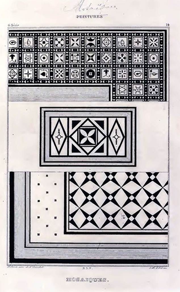 VIII.2.1 Pompeii. Mosaics. 
According to Roux, “It was probably of the same building that provenanced these three black and white fragments.
The first is remarkable for the variety of decoration on each tile. 
The last for the successful provision of white rhomboids and black triangles.  
See Roux, H., 1840. Herculanem et Pompei recueil général des Peintures, Bronzes, Mosaïques : Tome 5. Paris : Didot, Tome 5, 6th series – Mosaics, (p.19), pl. 14.
(Note: The top mosaic is from the peristyle area.
The lower mosaic is from the cubiculum on the east side of the entrance doorway.)


