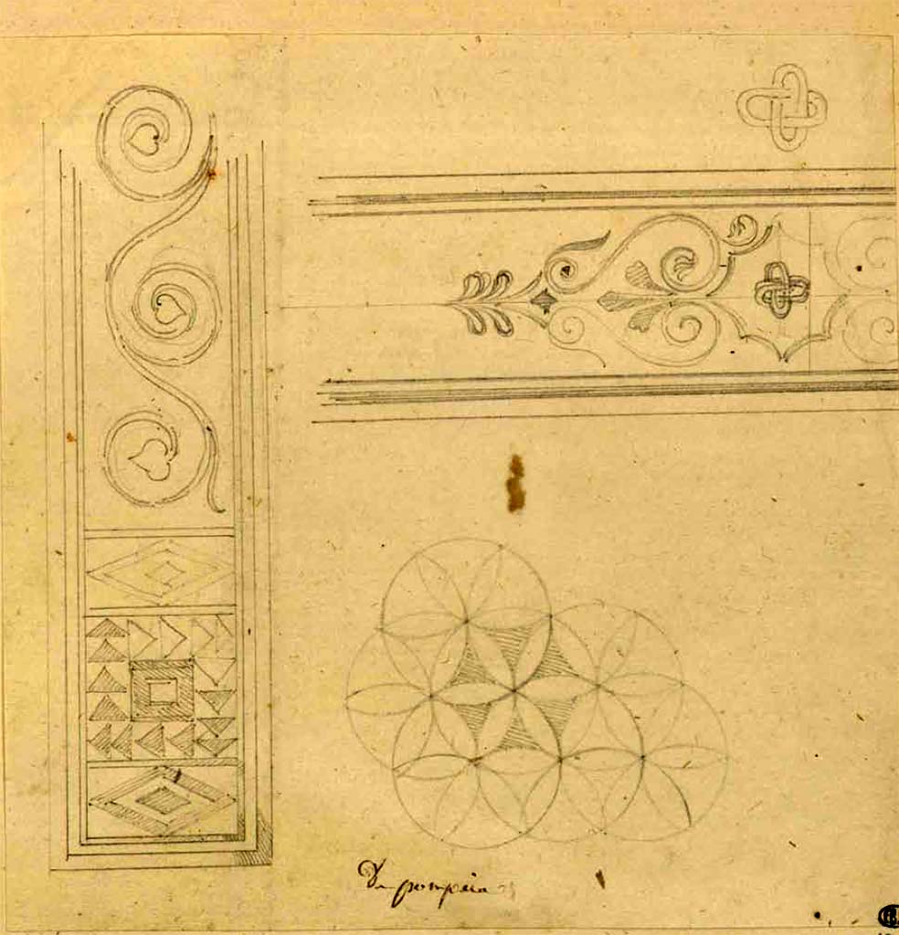 VIII.2.1 Pompeii. Drawing of Mosaics. 
The one on the left would appear to be similar to the middle one, above, of H. Roux.
The one on the upper right of this page, would appear to be the same as the one on the middle left, above, of H. Roux.
The one on the lower right of this page, has not yet been located.
See Debret F. (1777-1850), Piranesi F. (1758-1810), LaBrouste H. (1801-1875). Voyage en Italie-De Naples à Paestum, pl. 121.
INHA Identifiant numérique : NUM PC 77832 (07). See book on INHA Les documents sont placés sous « Licence Ouverte / Open Licence » Etalab 
