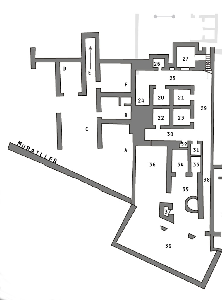 VIII.2.A, on left of plan. Lower level 1, with rooms A to F on west side of room 36 (PPM: J) and cryptoporticus.
Plan courtesy of Sandra Zanella.
