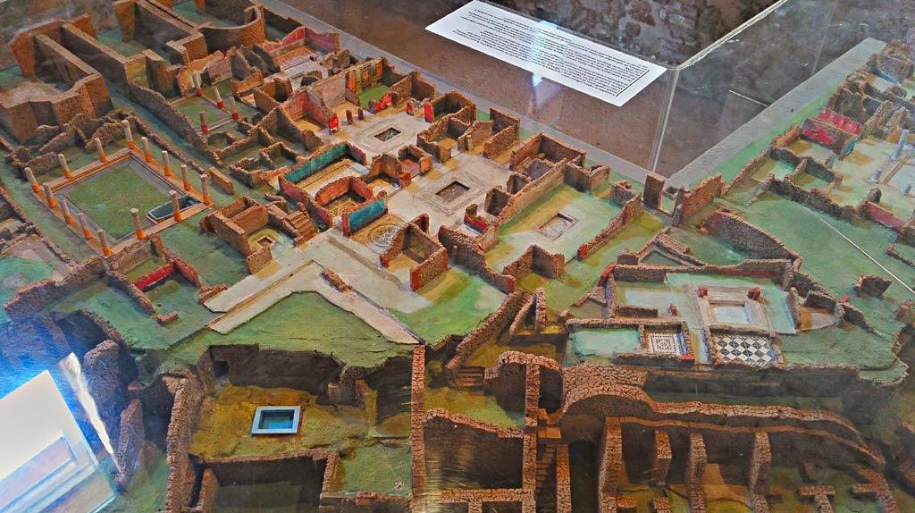 VIII.2 Pompeii. 2018. 
Model of area, with VIII.2.14 and 16 in centre, VIII.2.18, 20 and 21, Sarno Baths, lower right. Photo courtesy of Giuseppe Ciaramella.
