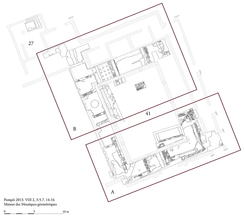 Fig. 3 - Pompi, Maison des Mosaques gomtriques. Les structures dcouvertes. Relev densemble. 
Photo courtoisie de Sandra Zanella.  Agrandir / Enlarge (jpg, 1,1M)
