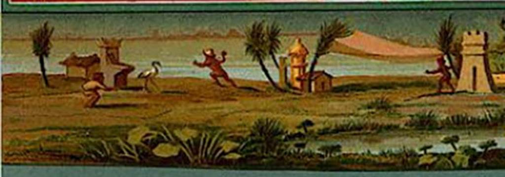 VIII.2.18 Pompeii. 1896. Frigidarium 54 on level 4, detail of landscape from west end of north wall.
See Niccolini F, 1896. Le case ed i monumenti di Pompei: Volume Quarto. Napoli. NS Tav. 12.
