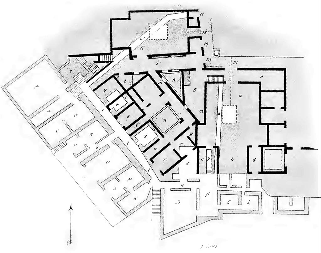 VIII.2.21 Pompeii, on right. Tav 5, no.2, as from BdI, 1890, showing rooms (i) and (k), lower right. 
Room “i” would appear to be room 96, on level 3. (Room ε in PPM and BdI)
Room “k” would appear to be room 95, on level 3. (Room ζ in PPM and BdI)
See Bullettino dell’Instituto di Corrispondenza Archeologica (DAIR), 5, 1890, (p.206-207).

